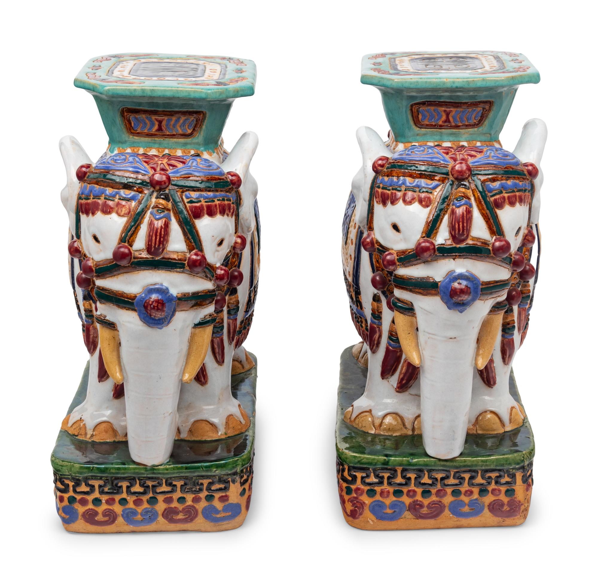 A Pair of Polychrome Glazed Terracotta Elephant-Form Garden Stools
