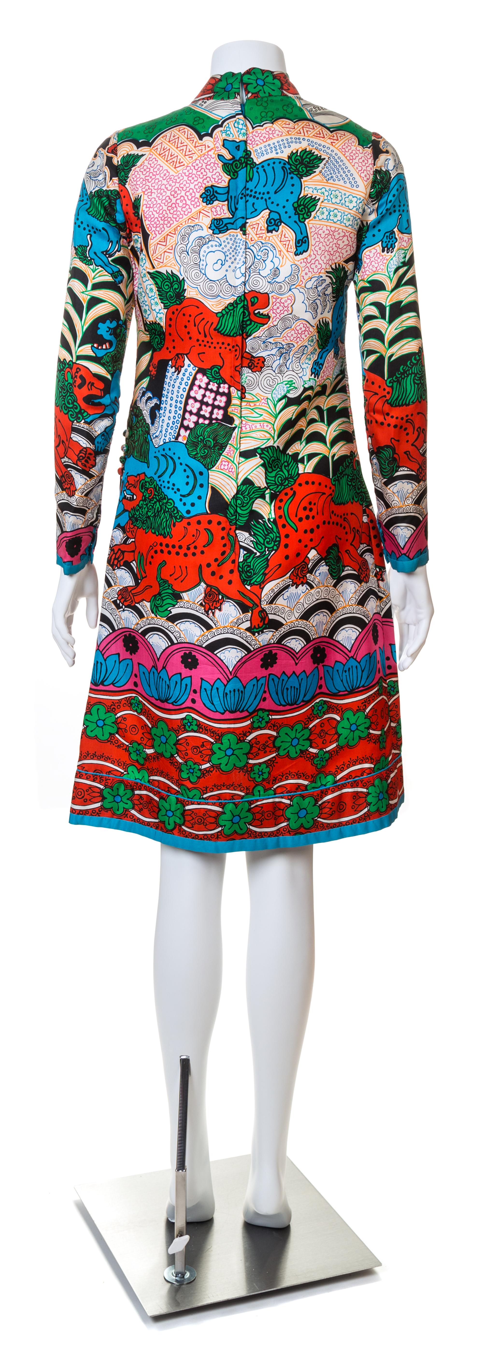 A Tina Leser Multicolor Silk Dress and Red Wool Vest, No size.