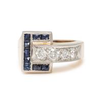 RETRO, SYNTHETIC SAPPHIRE AND DIAMOND RING