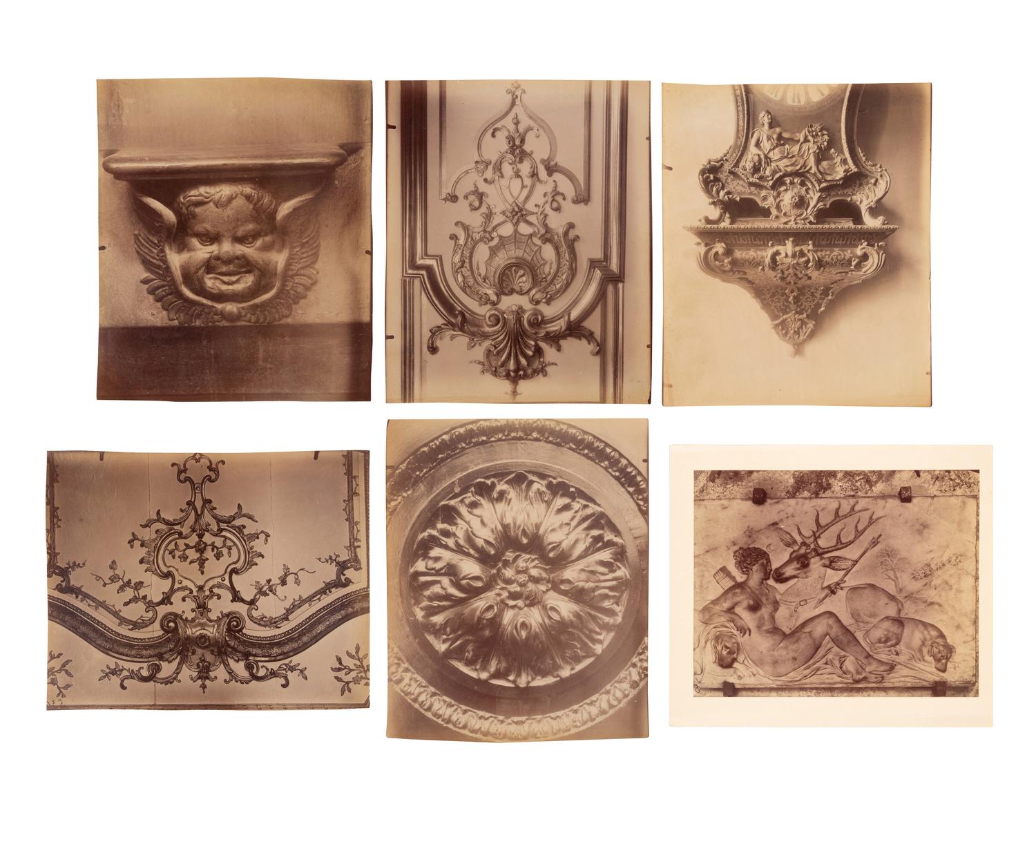 A group of six photographs depicting early 20th Century Parisian architectural details (Saints-Gervais-et-Protais, 1903-1904; Ambassade d'Autriche, 57 rue de Varenne, 1905; La Monnaie-quai Conti [5234], 1905-1906; Hôtel de Roquelaure, boulevard Saint-Germain, 246, 1905-1906; Hôtel de la Duchesse, de Narbonne, rue Varenne 45, 1907; [Cluny–Diane Chasseresse. Art Français. École J. Goujon], 1911)