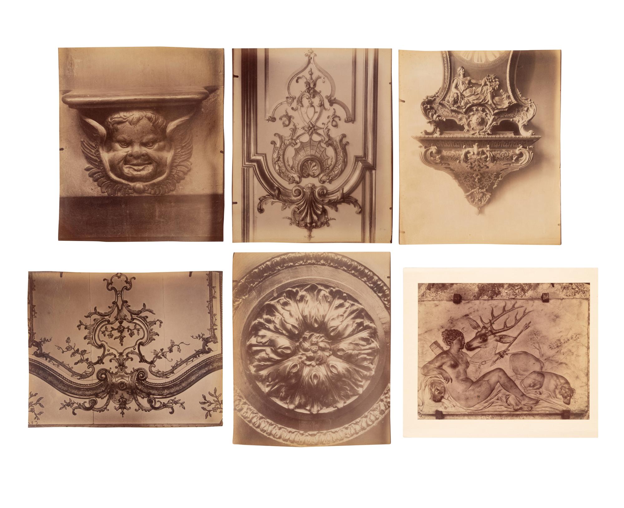 A group of six photographs depicting early 20th Century Parisian architectural details (Saints-Gervais-et-Protais, 1903-1904; Ambassade d'Autriche, 57 rue de Varenne, 1905; La Monnaie-quai Conti [5234], 1905-1906; Hôtel de Roquelaure, boulevard Saint-Germain, 246, 1905-1906; Hôtel de la Duchesse, de Narbonne, rue Varenne 45, 1907; [Cluny–Diane Chasseresse. Art Français. École J. Goujon], 1911)