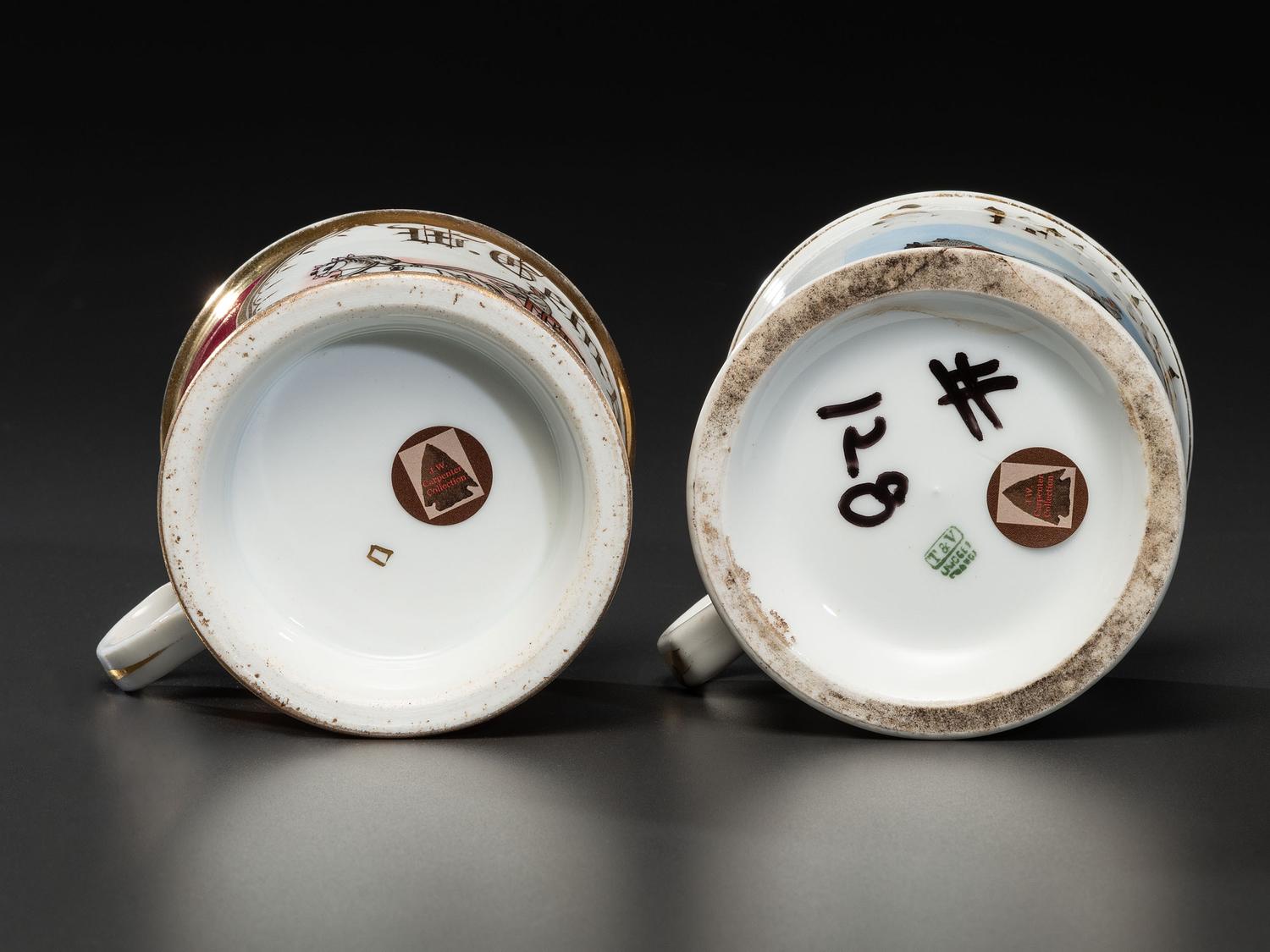 Two Occupational Shaving Mugs Depicting Horse-Drawn Barrel Wagons
