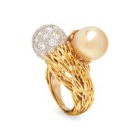 CULTURED PEARL AND DIAMOND BYPASS RING