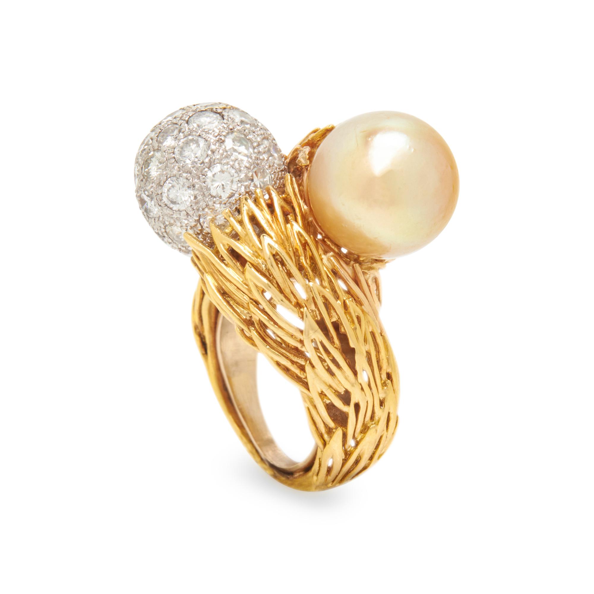 CULTURED PEARL AND DIAMOND BYPASS RING