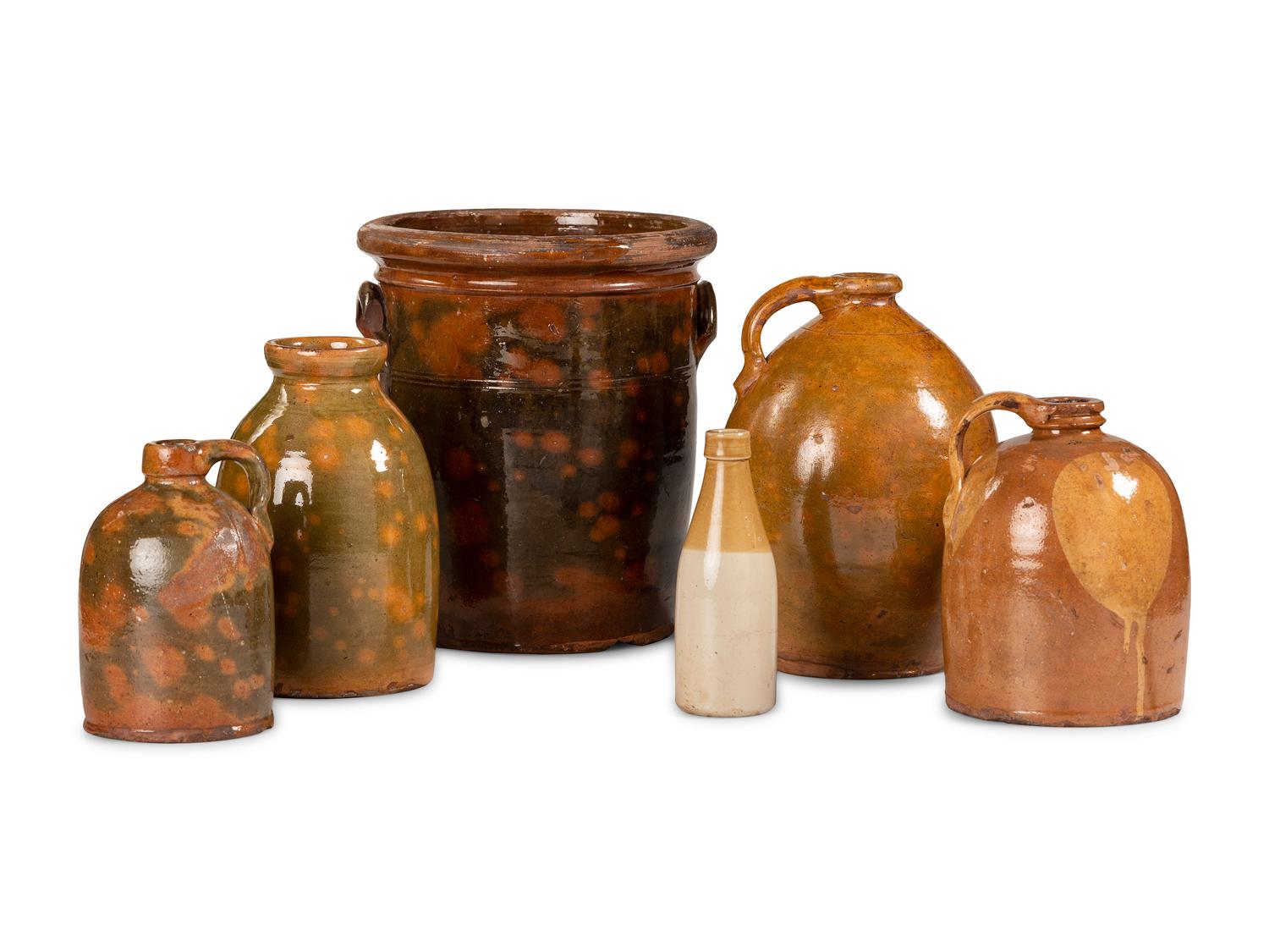 Six Galena Glaze Stoneware Crocks and Jugs