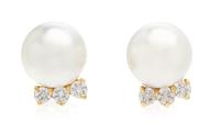 A Pair of 18 Karat Yellow Gold, Cultured Pearl and Diamond Earclips, Gumps, 6.90 dwts.