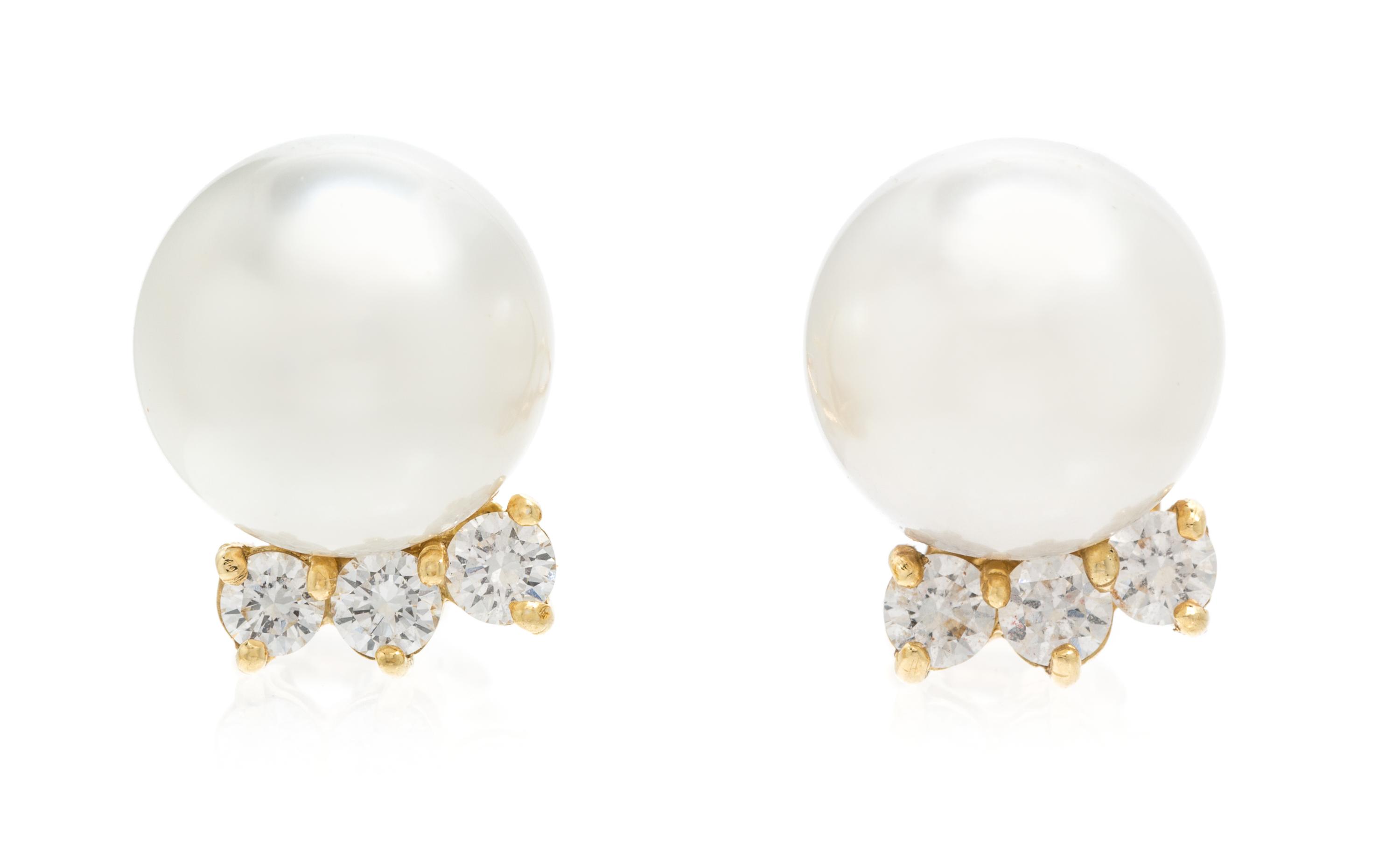 A Pair of 18 Karat Yellow Gold, Cultured Pearl and Diamond Earclips, Gumps, 6.90 dwts.