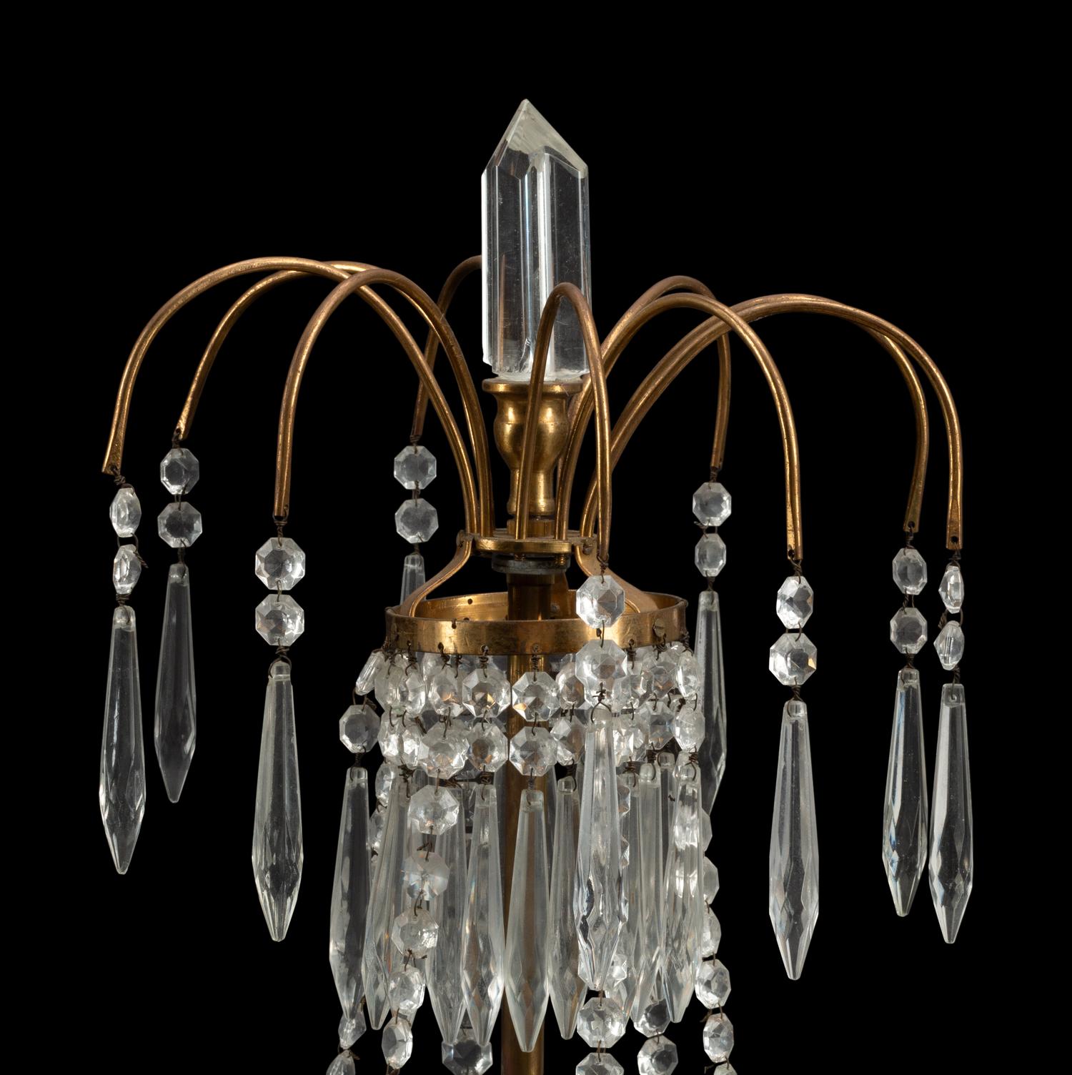 A Near Pair of Baltic Style Gilt Bronze, Marble and Cut Glass Six-Light Candelabra
