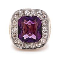 A Platinum Topped Yellow Gold, Amethyst and Diamond Ring,