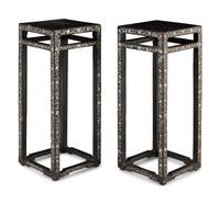 A Pair of Chinese Black Lacquered Mother-of-Pearl Inlaid Square Stands, Xiangji, 19th Century 清中晚期 黑漆嵌螺鈿蓮紋方几一對