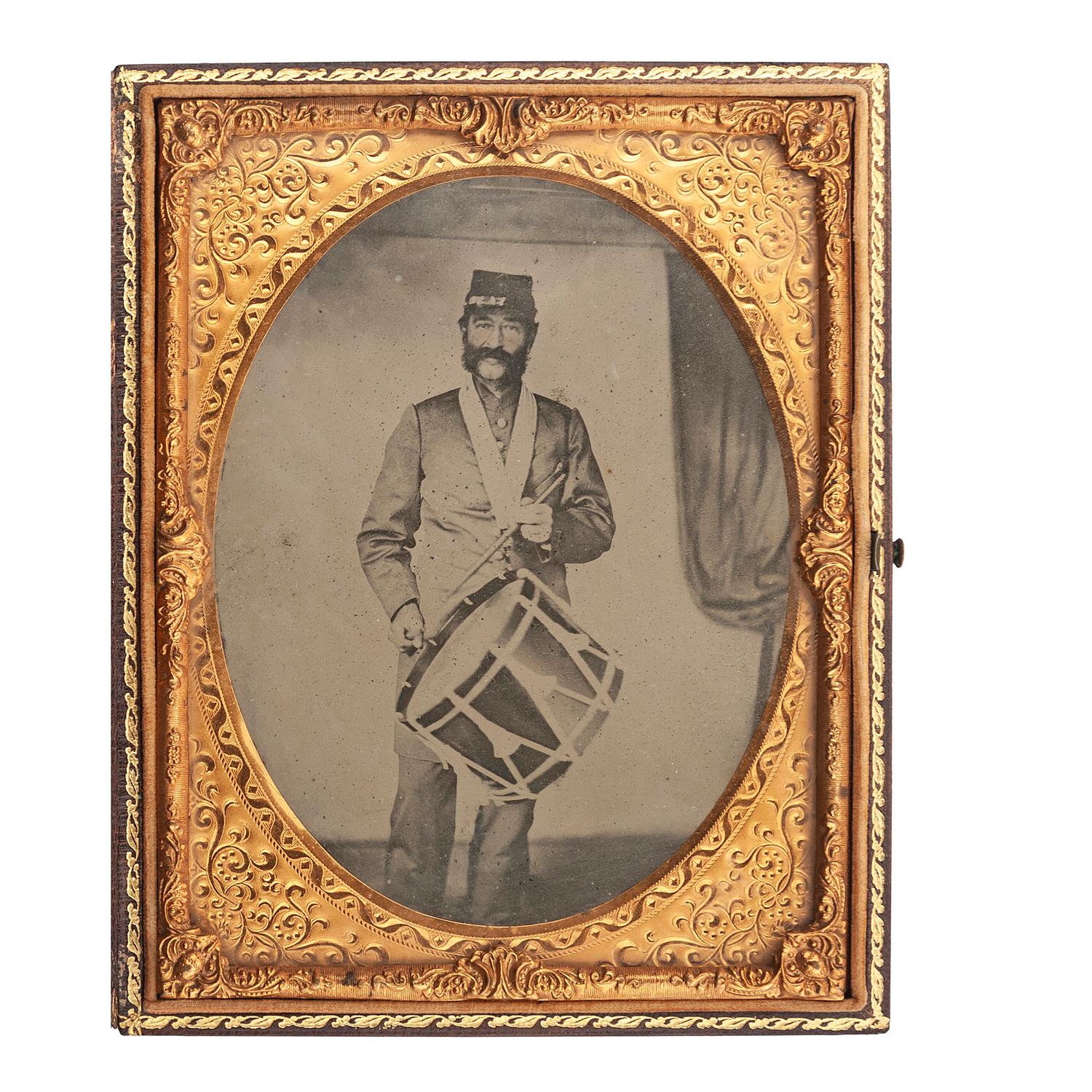 [MILITARIA]. Half plate ambrotype of drummer posed with his instrument.