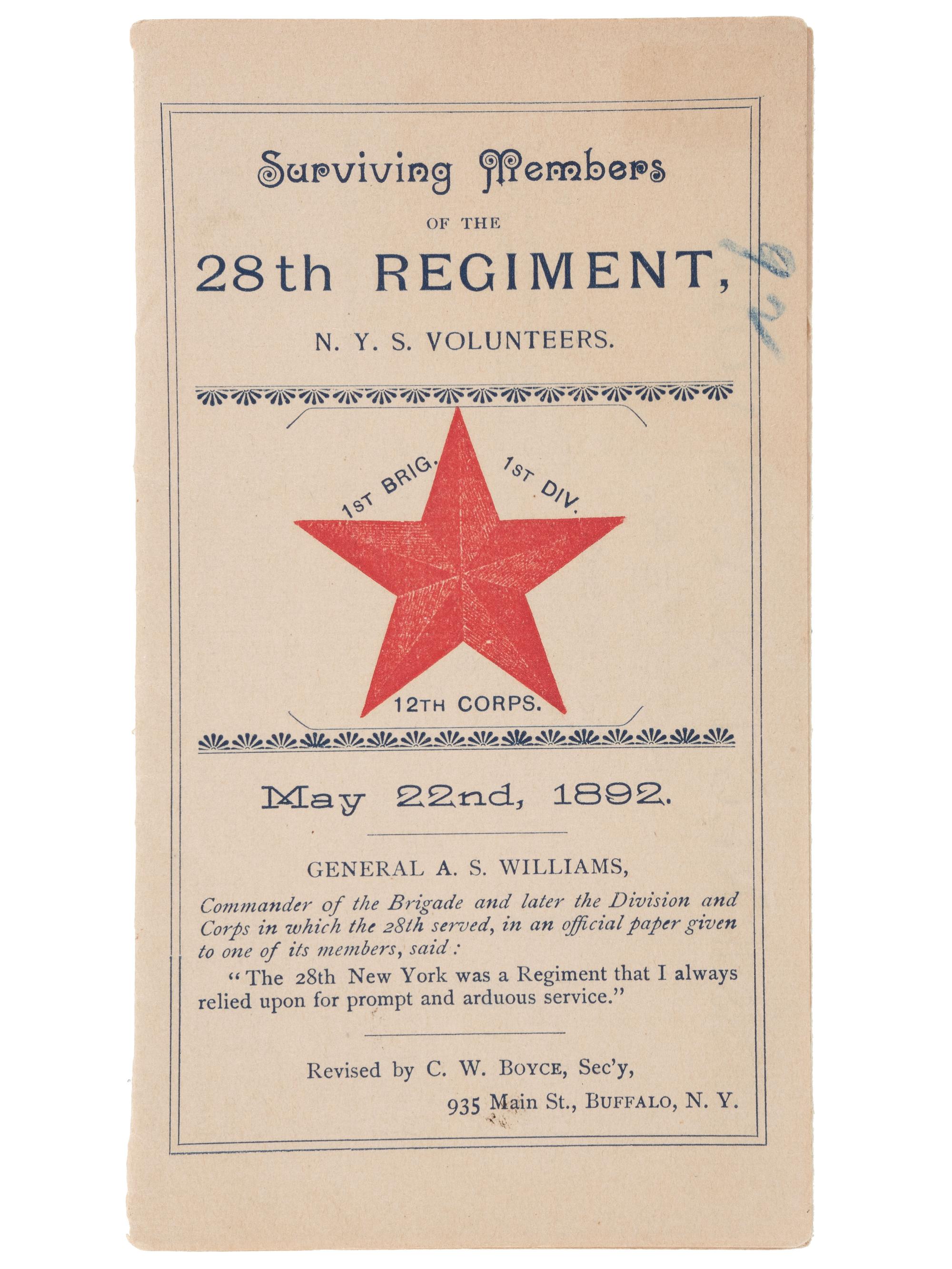 [CIVIL WAR] -- [GAR]. Group of 5 reunion ribbons and booklet, 28th New York Volunteers, the "Niagra Rifles."