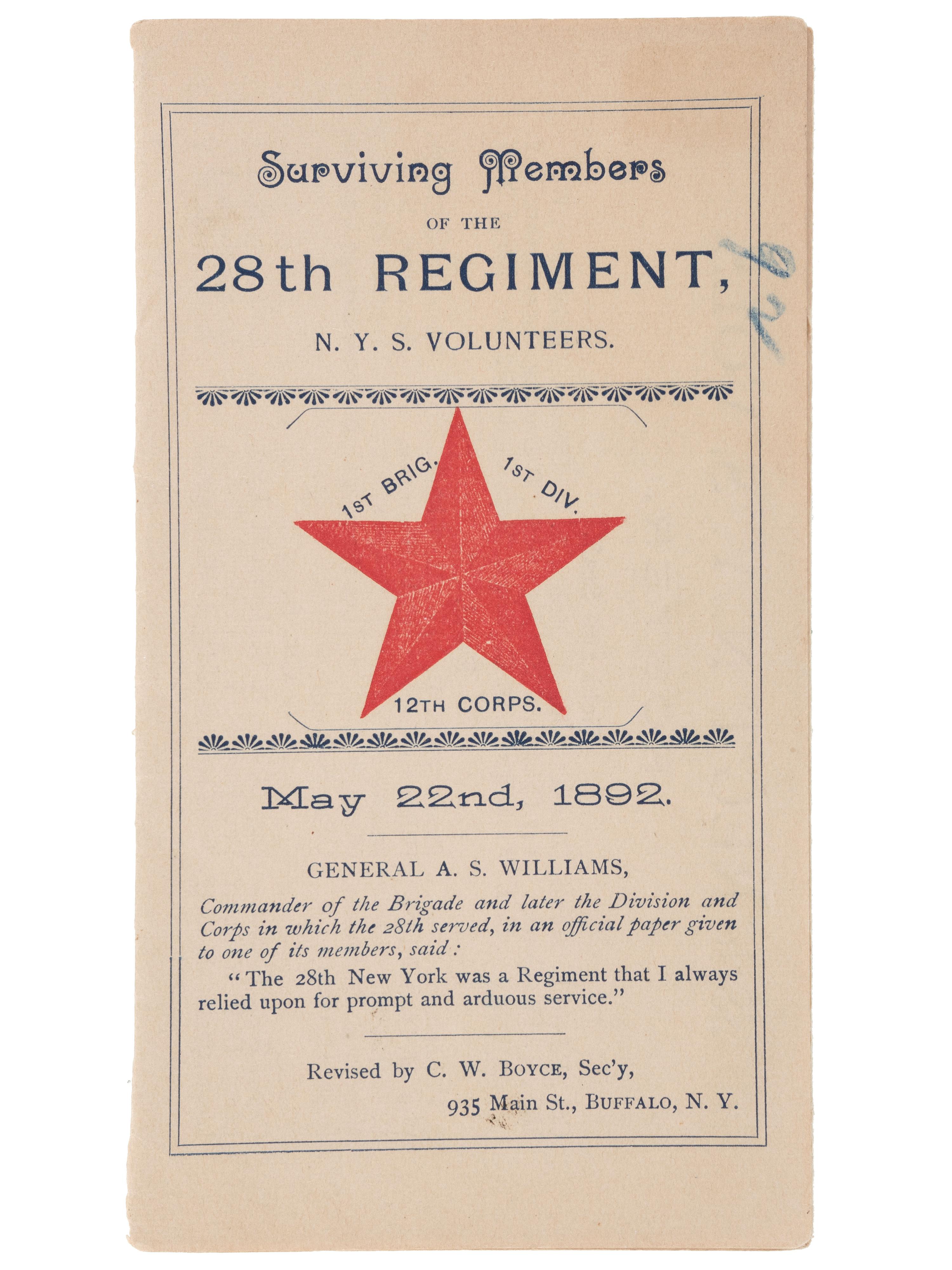 [CIVIL WAR] -- [GAR]. Group of 5 reunion ribbons and booklet, 28th New York Volunteers, the "Niagra Rifles."
