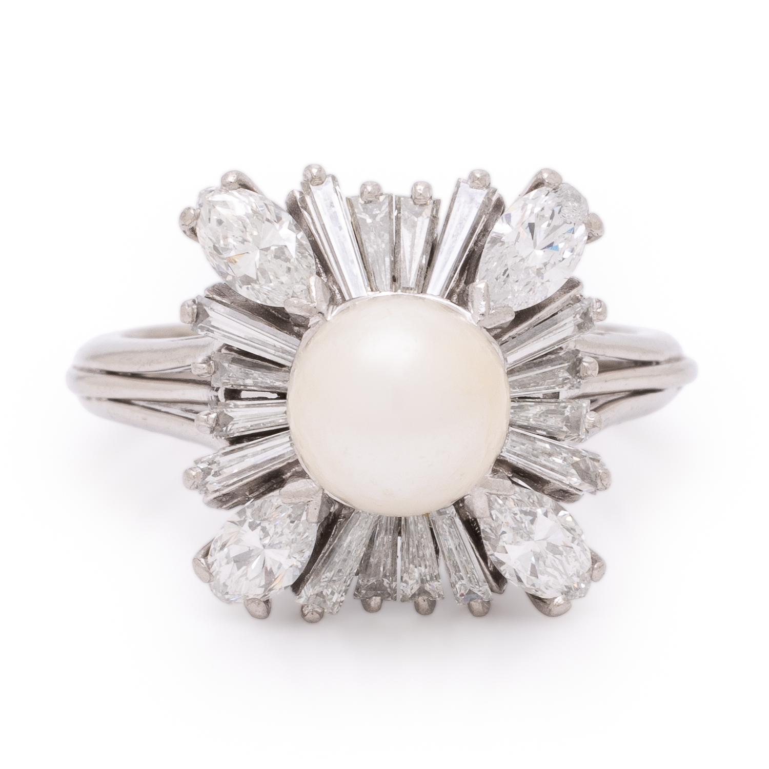 Cultured Pearl, Diamond, and Platinum Ring