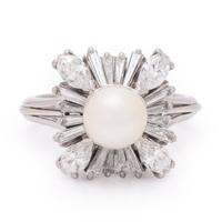 Cultured Pearl, Diamond, and Platinum Ring