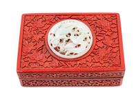 A Chinese Pale Celadon Jade Inset Carved Red Lacquer Rectangular Box and Cover