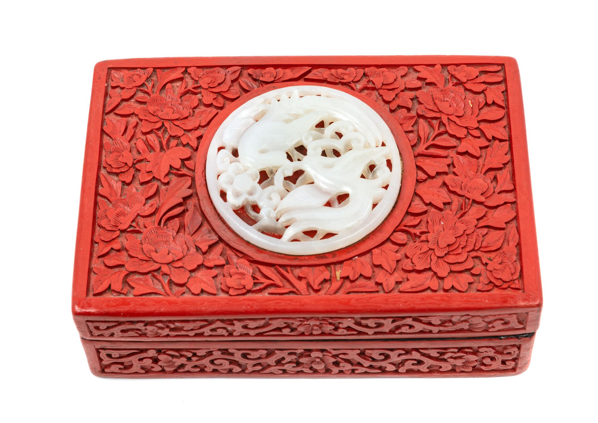 A Chinese Pale Celadon Jade Inset Carved Red Lacquer Rectangular Box and Cover