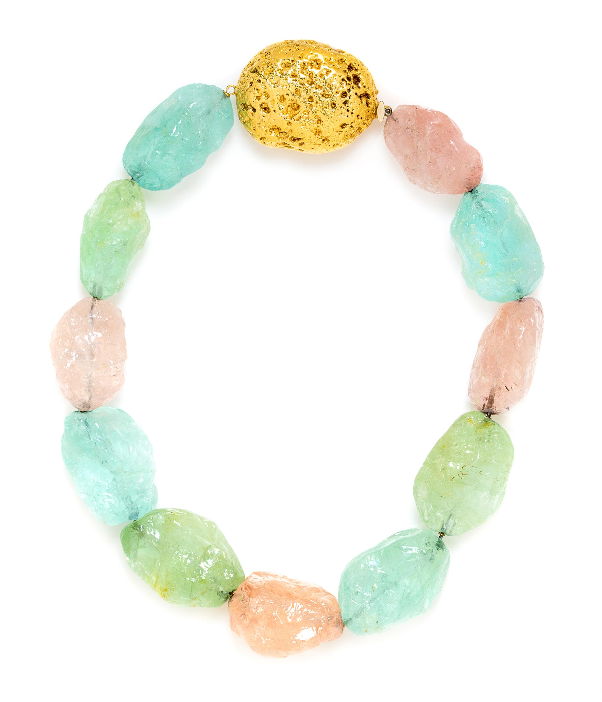 An Impressive 18 Karat Yellow Gold, Aquamarine, Green Beryl and Morganite Bead Necklace,