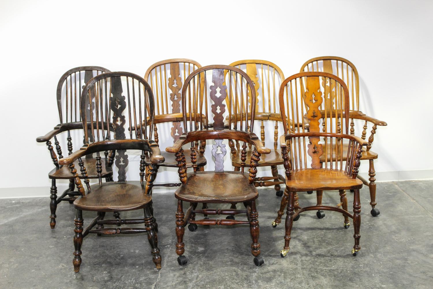 An Assembled Set of Seven Windsor Style Armchairs Height of tallest 46 1/2 inches. — 19TH/20TH CENTURY
