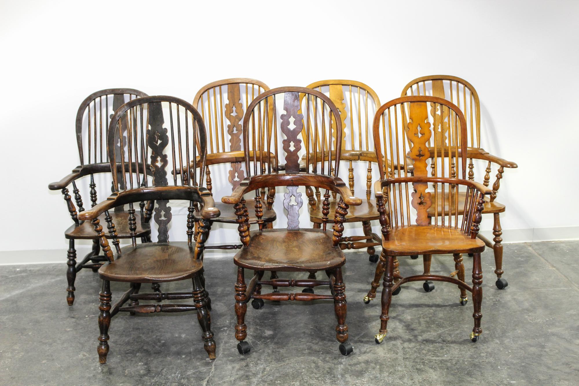 An Assembled Set of Seven Windsor Style Armchairs Height of tallest 46 1/2 inches. — 19TH/20TH CENTURY