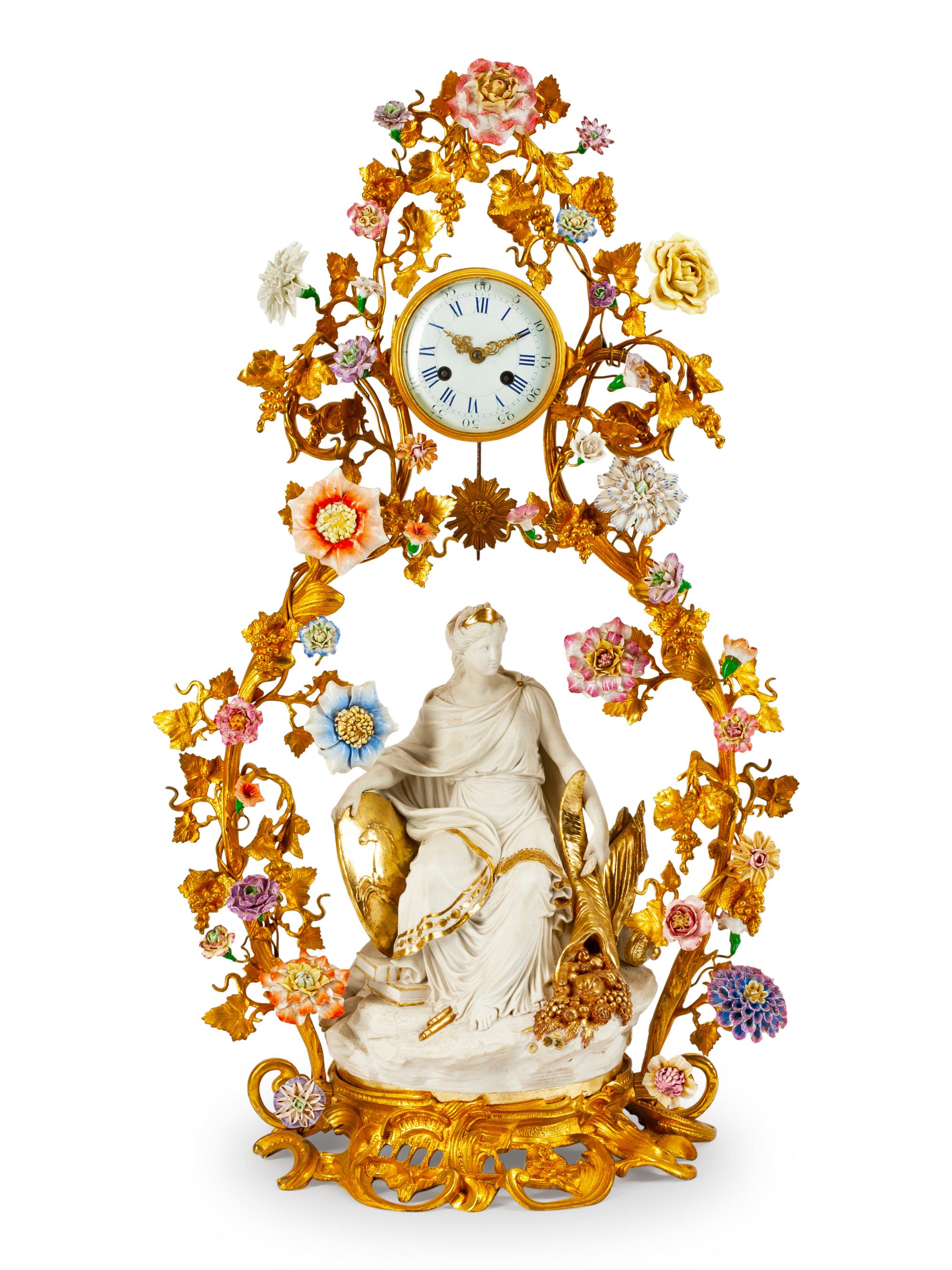 A Louis XV Style Gilt-Bronze and Porcelain Clock