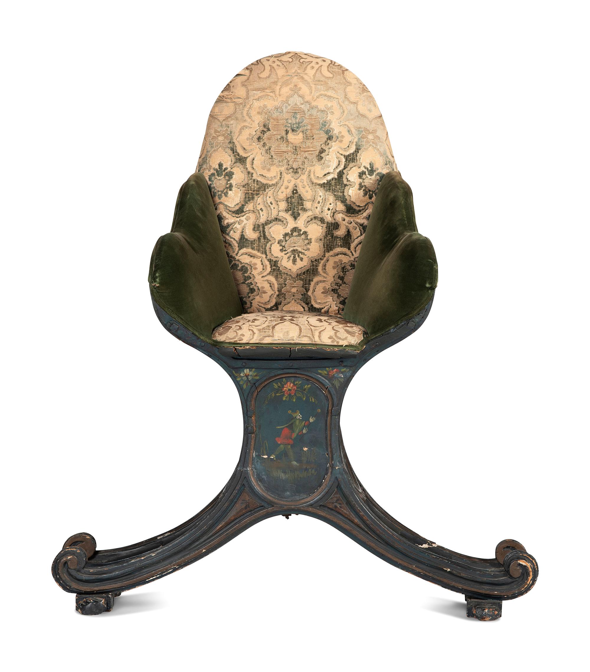A Venetian Blue and Polychrome Decorated Parcel Gilt and Carved Wood Gondola Chair
