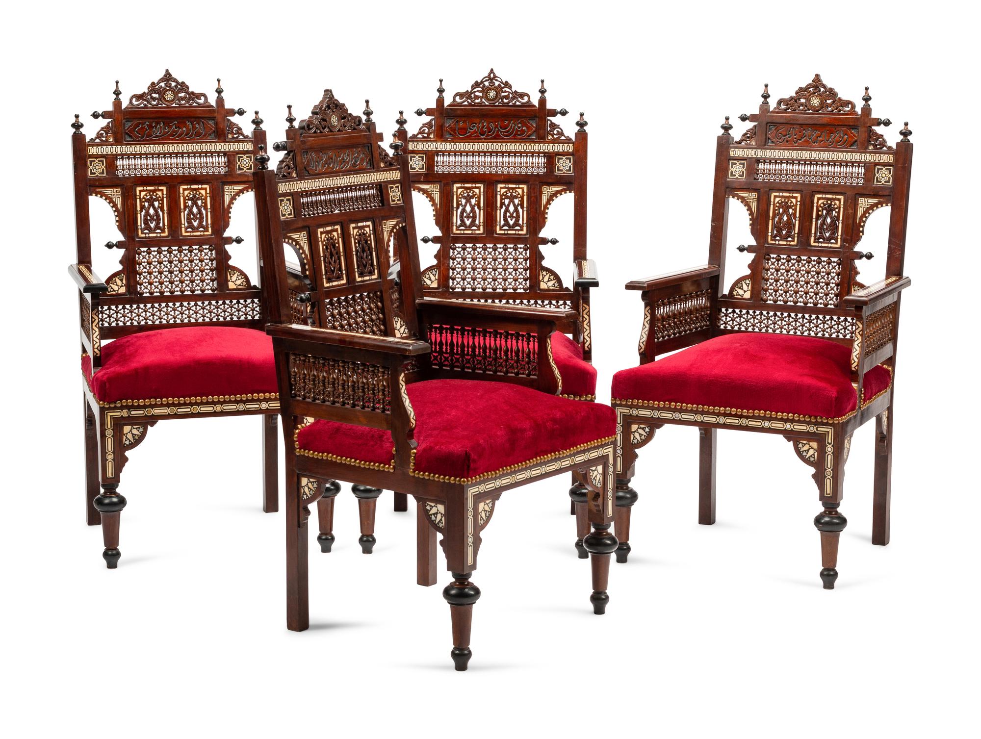 A Set of Four Moorish Style Bone and Mother-of-Pearl Inlaid Armchairs