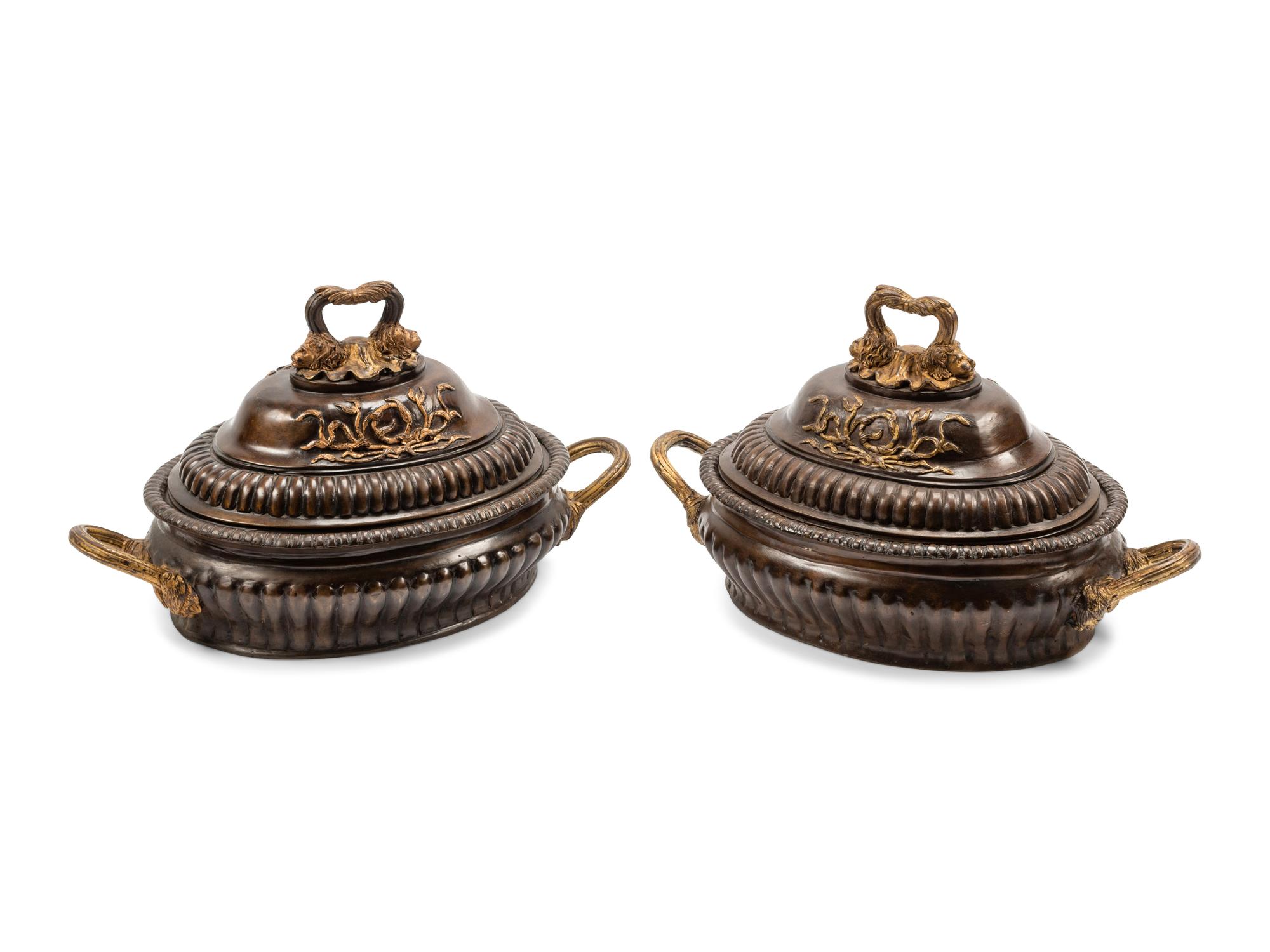 A Pair of Pompeiian Style Gilt and Patinated Bronze Covered Bowls