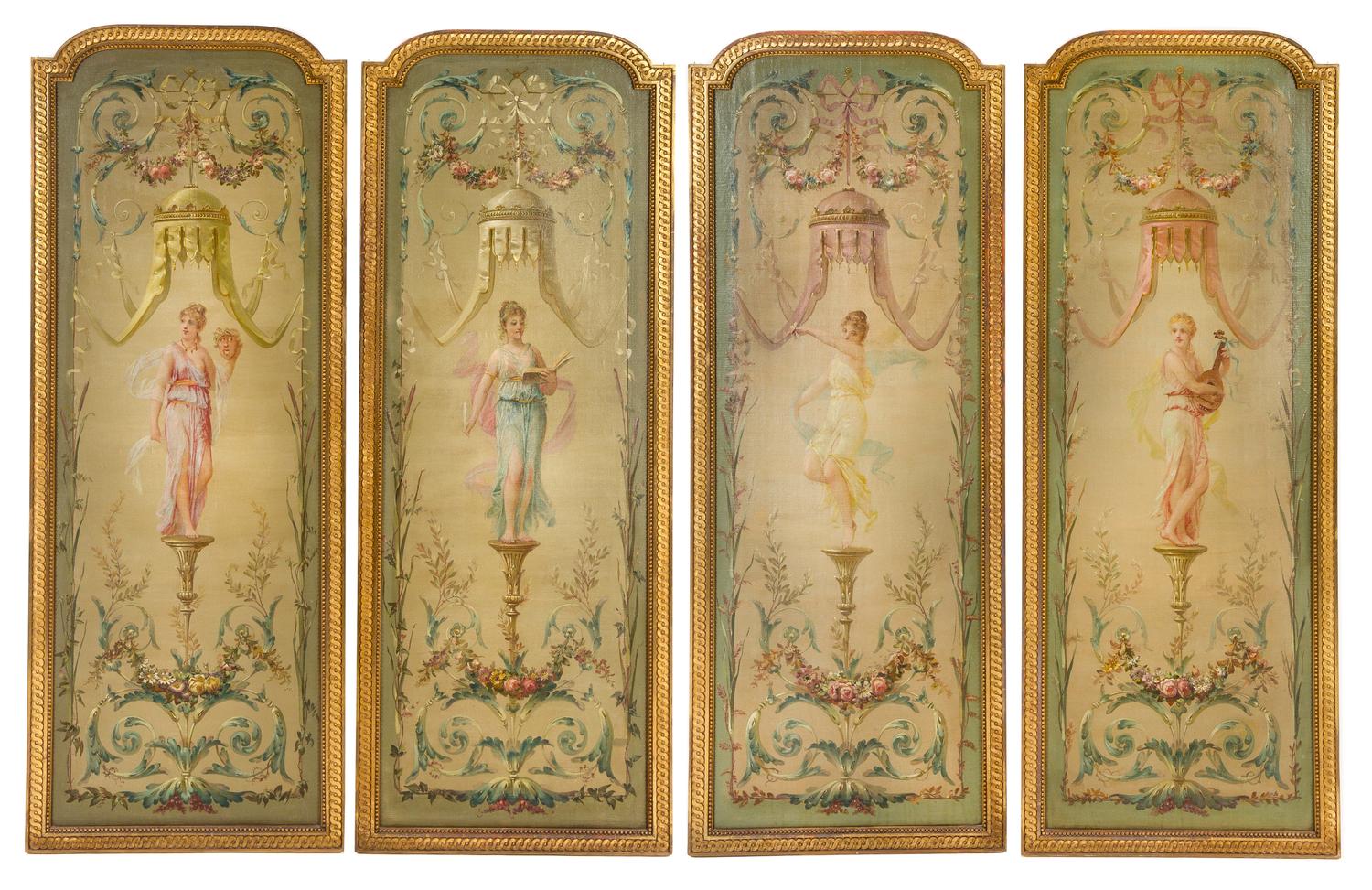 Four Louis XVI Style Painted Panels Height of each panel 63 1/2 x width 24 1/2 inches. — 19TH CENTURY