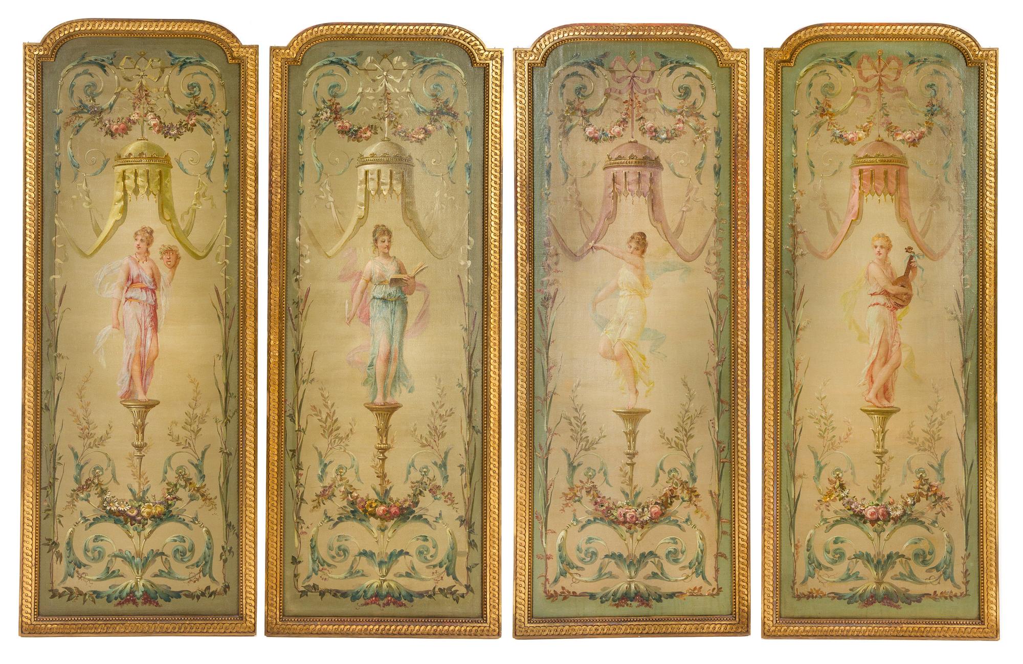 Four Louis XVI Style Painted Panels Height of each panel 63 1/2 x width 24 1/2 inches. — 19TH CENTURY