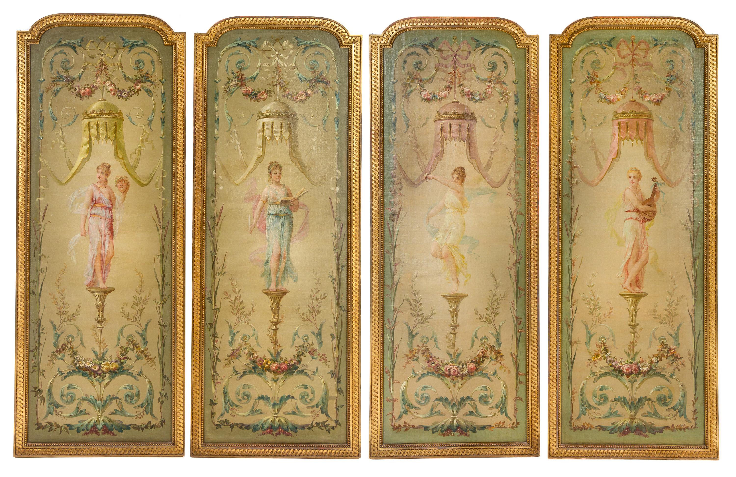 Four Louis XVI Style Painted Panels Height of each panel 63 1/2 x width 24 1/2 inches. — 19TH CENTURY