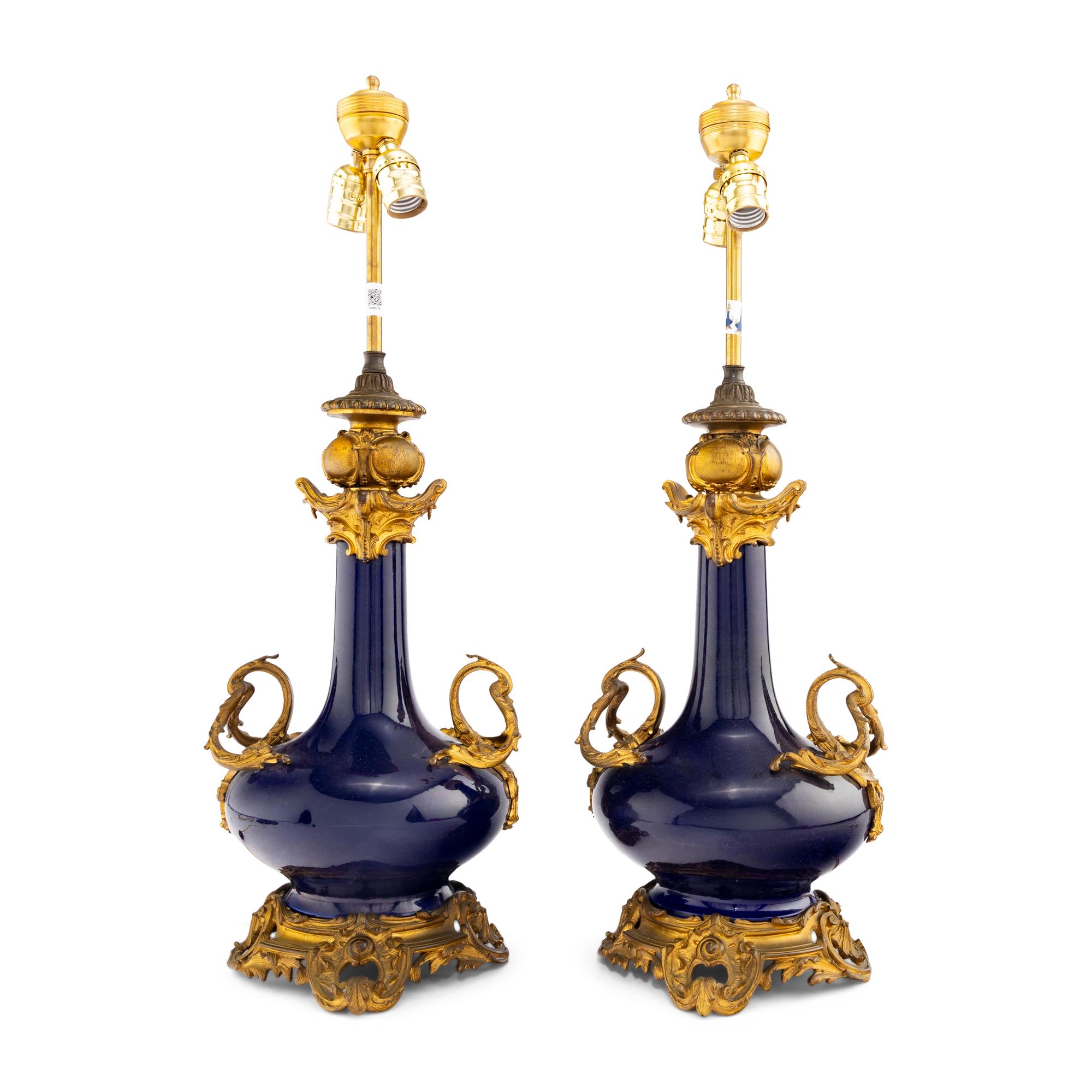 A Pair of Louis XV Style Gilt Bronze Mounted Cobalt Porcelain Vases