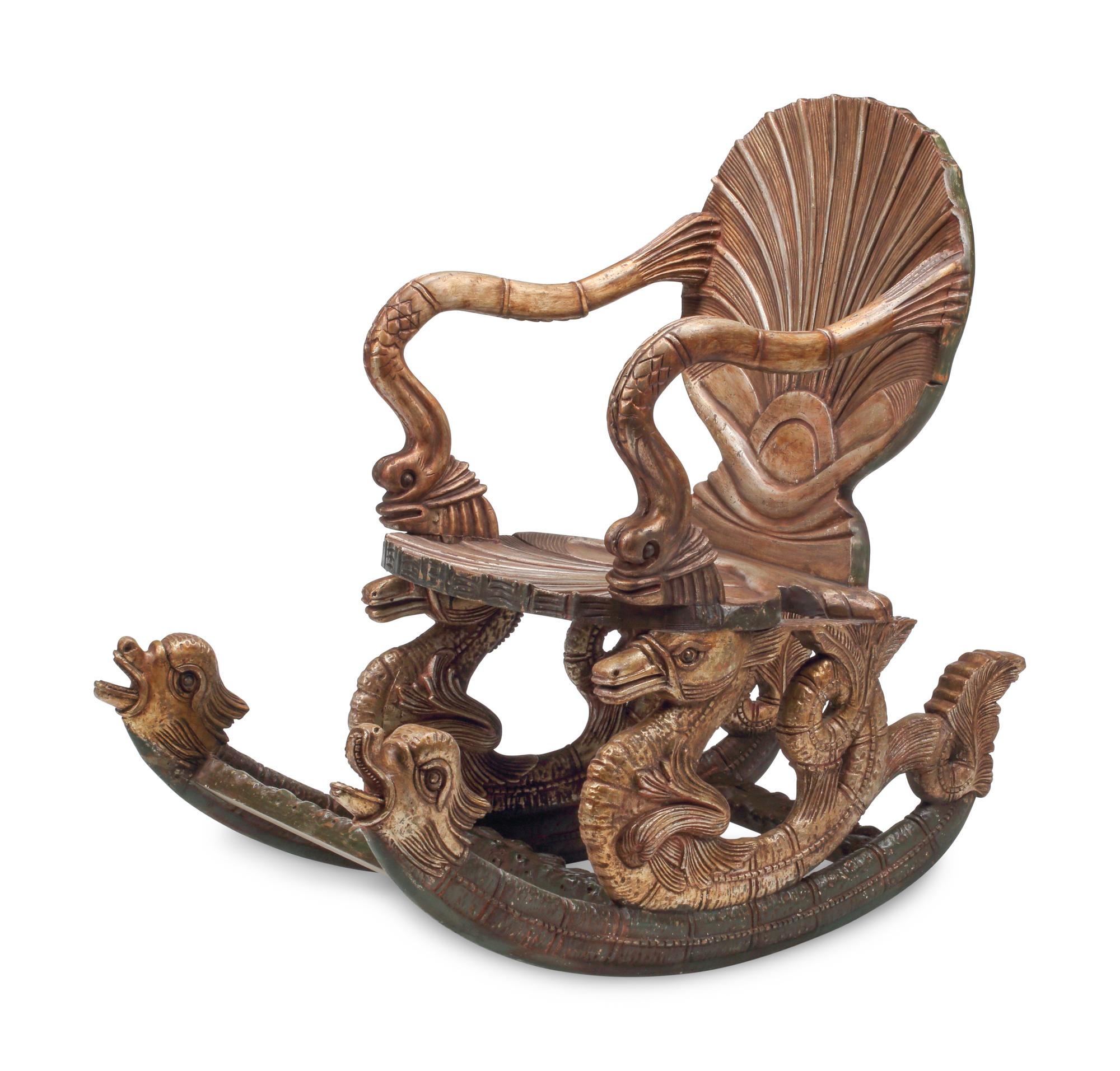 A Venetian Painted and Parcel-Gilt "Grotto" Style Rocking Chair