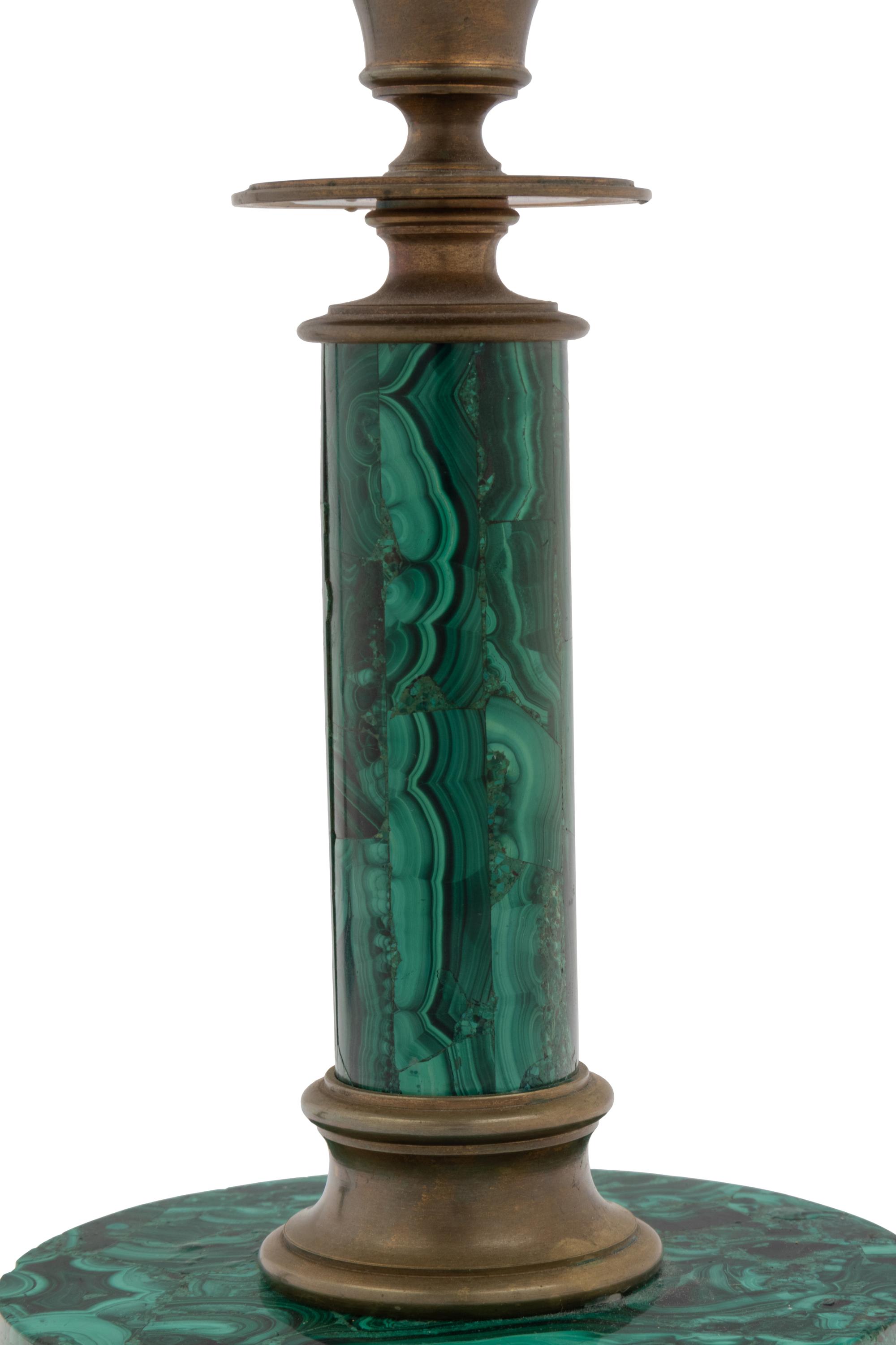 A Pair of Russian Style Malachite and Gilt Bronze Candlesticks