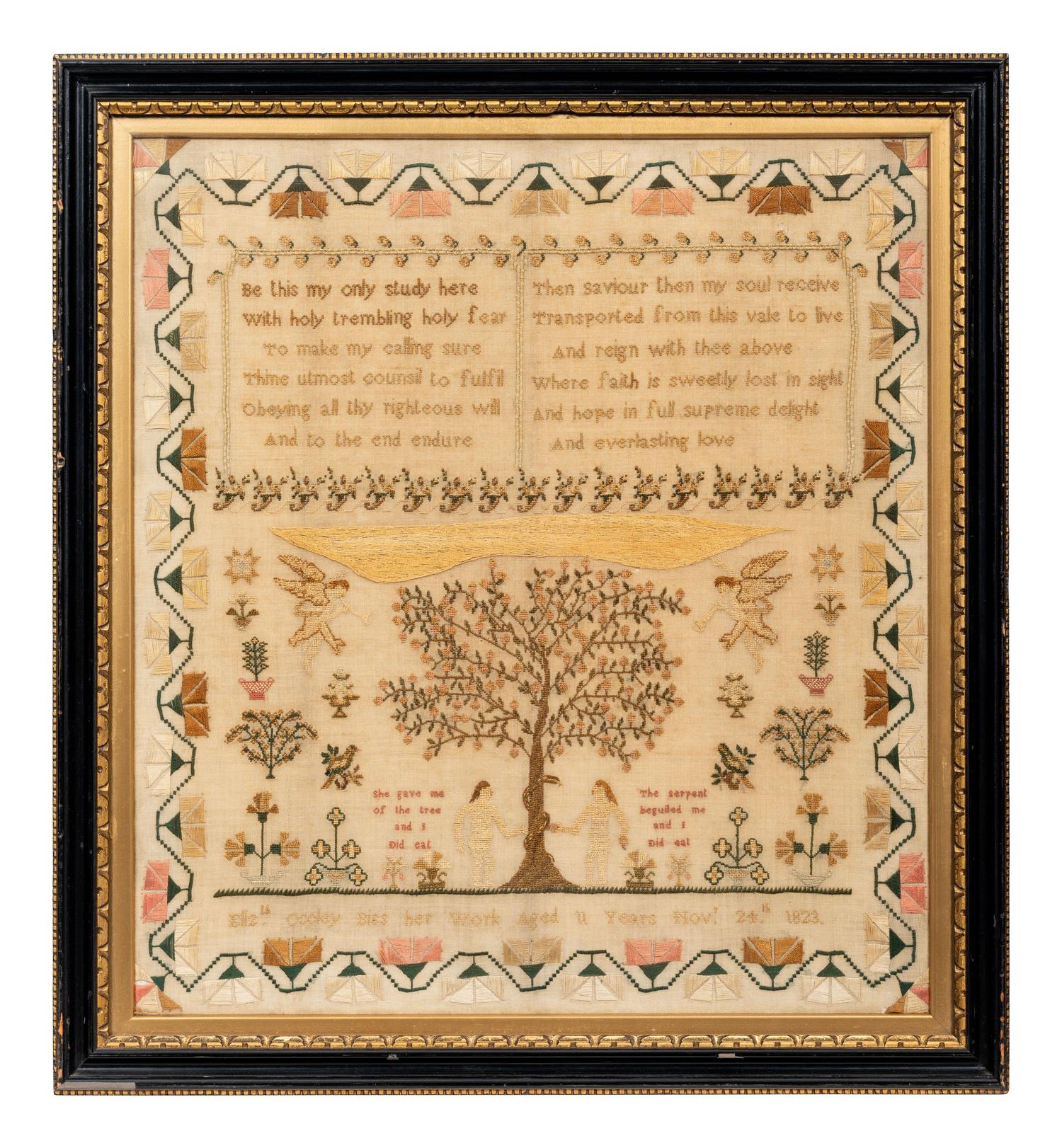 An English Needlework Embroidered Schoolgirl’s Adam and Eve Sampler