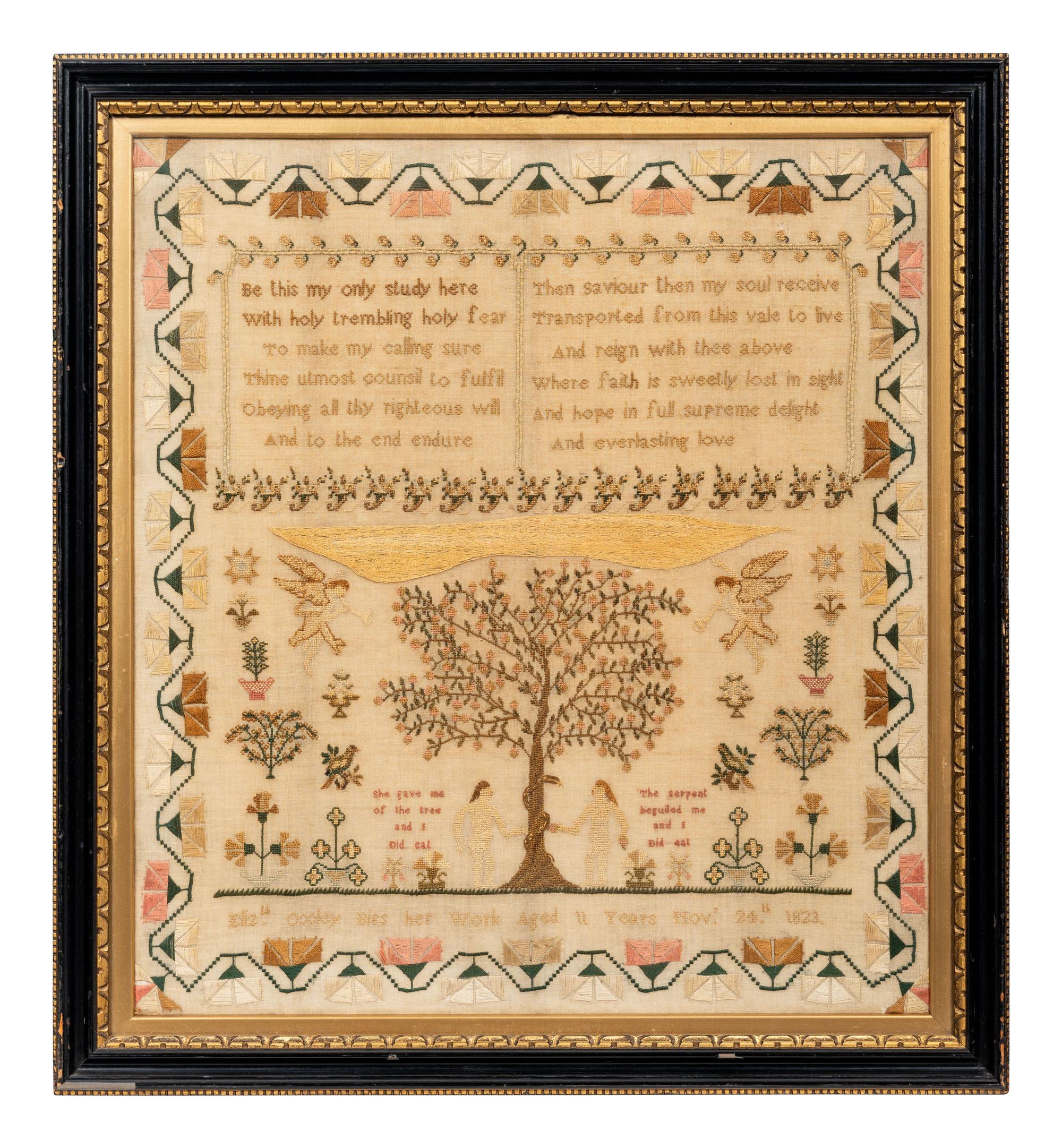 An English Needlework Embroidered Schoolgirl’s Adam and Eve Sampler