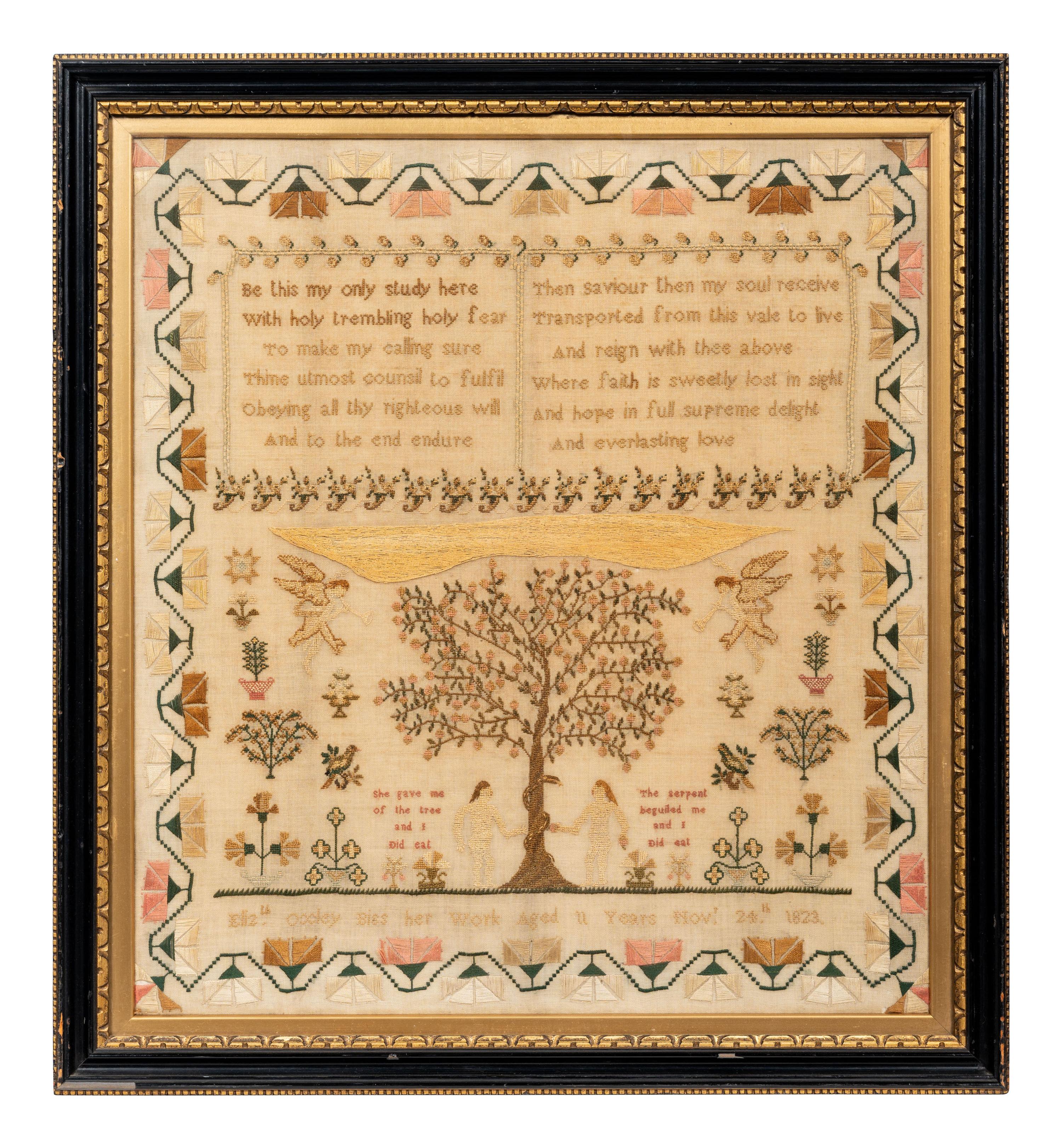 An English Needlework Embroidered Schoolgirl’s Adam and Eve Sampler