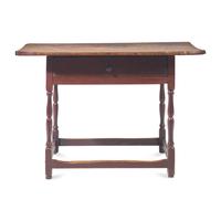 A Federal Red-Painted Pine Scrubbed-Top, Stretcher-Base Tavern Table