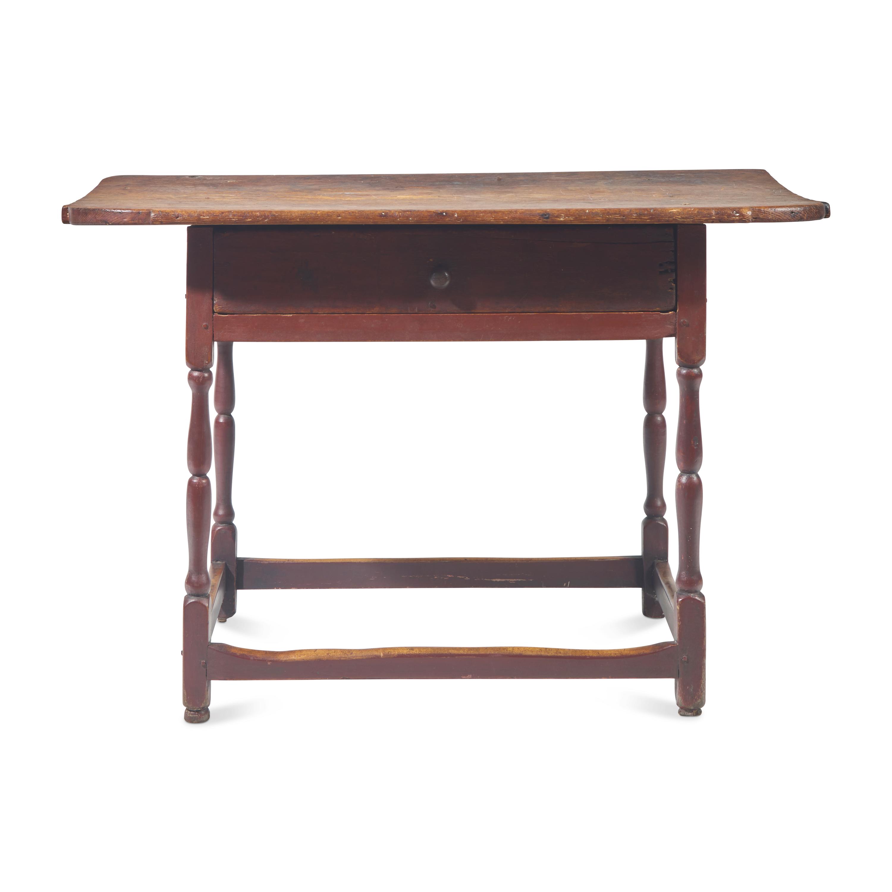 A Federal Red-Painted Pine Scrubbed-Top, Stretcher-Base Tavern Table