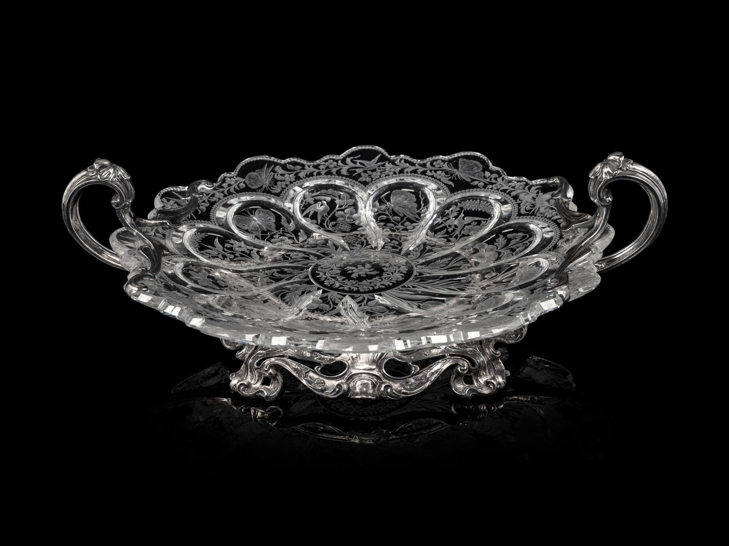 An American Silver Mounted Etched Glass Center Bowl
