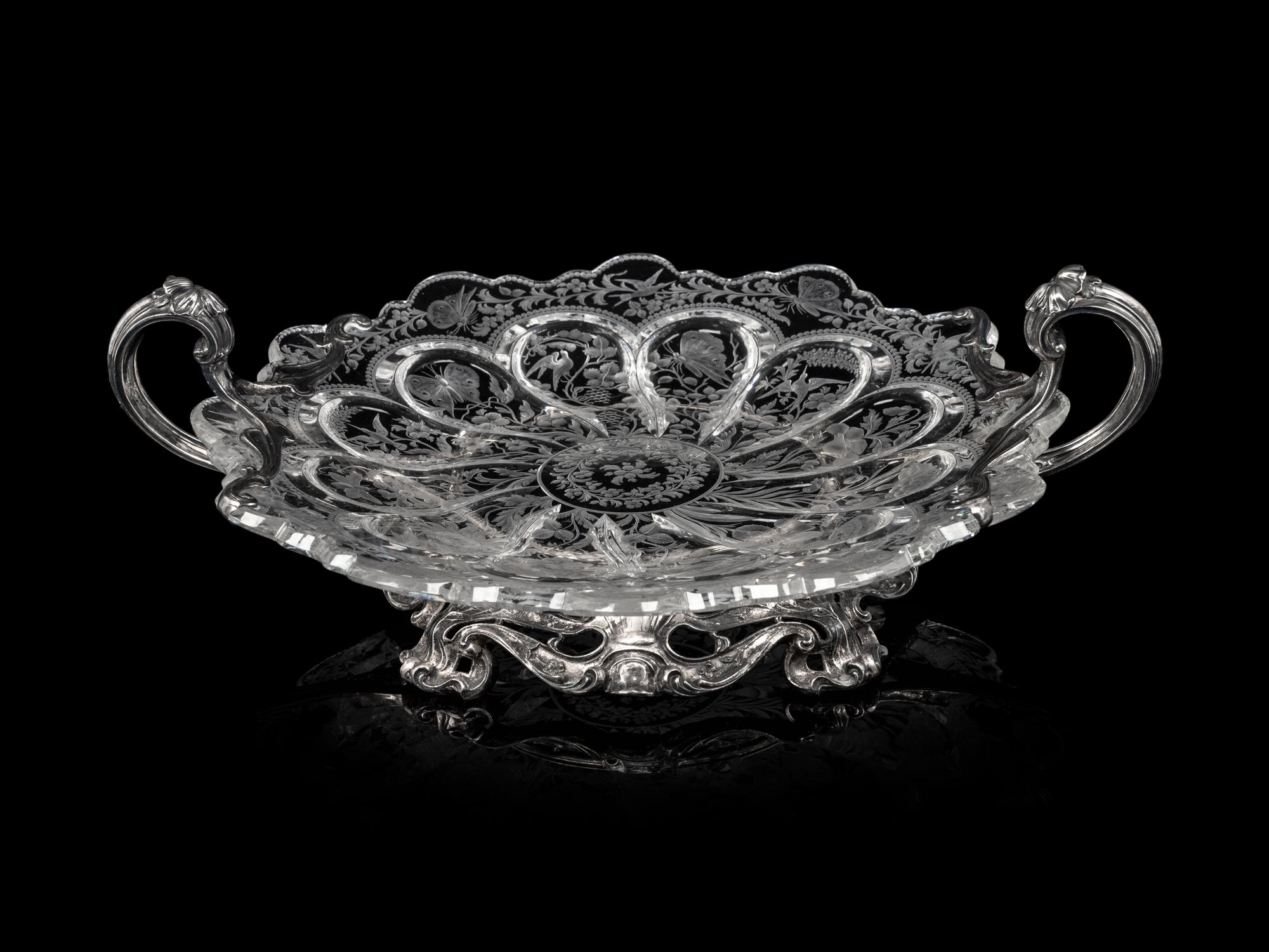 An American Silver Mounted Etched Glass Center Bowl