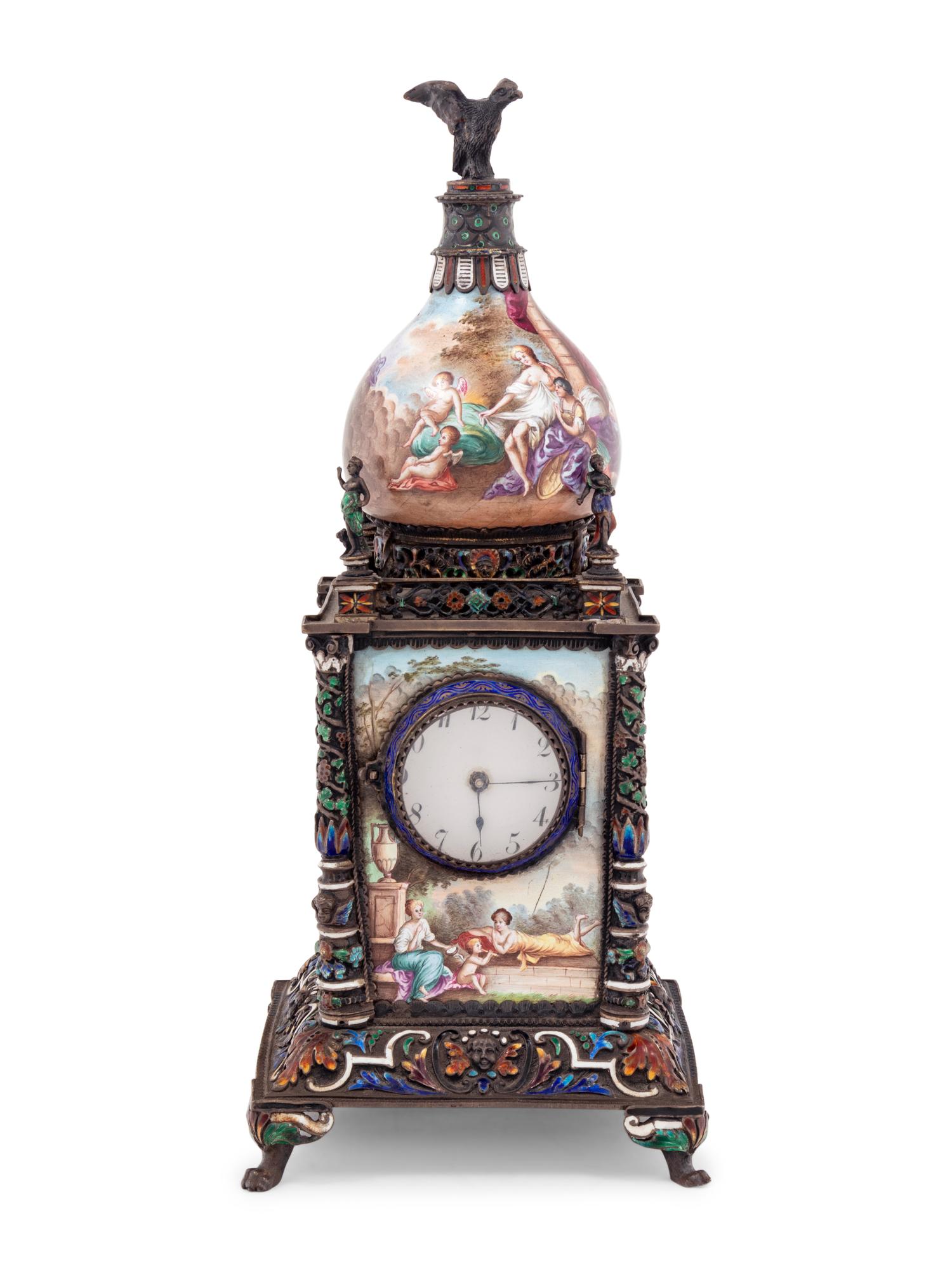 A Viennese Enameled Silver and Champlevé Bronze Mantel Clock