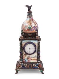 A Viennese Enameled Silver and Champlevé Bronze Mantel Clock