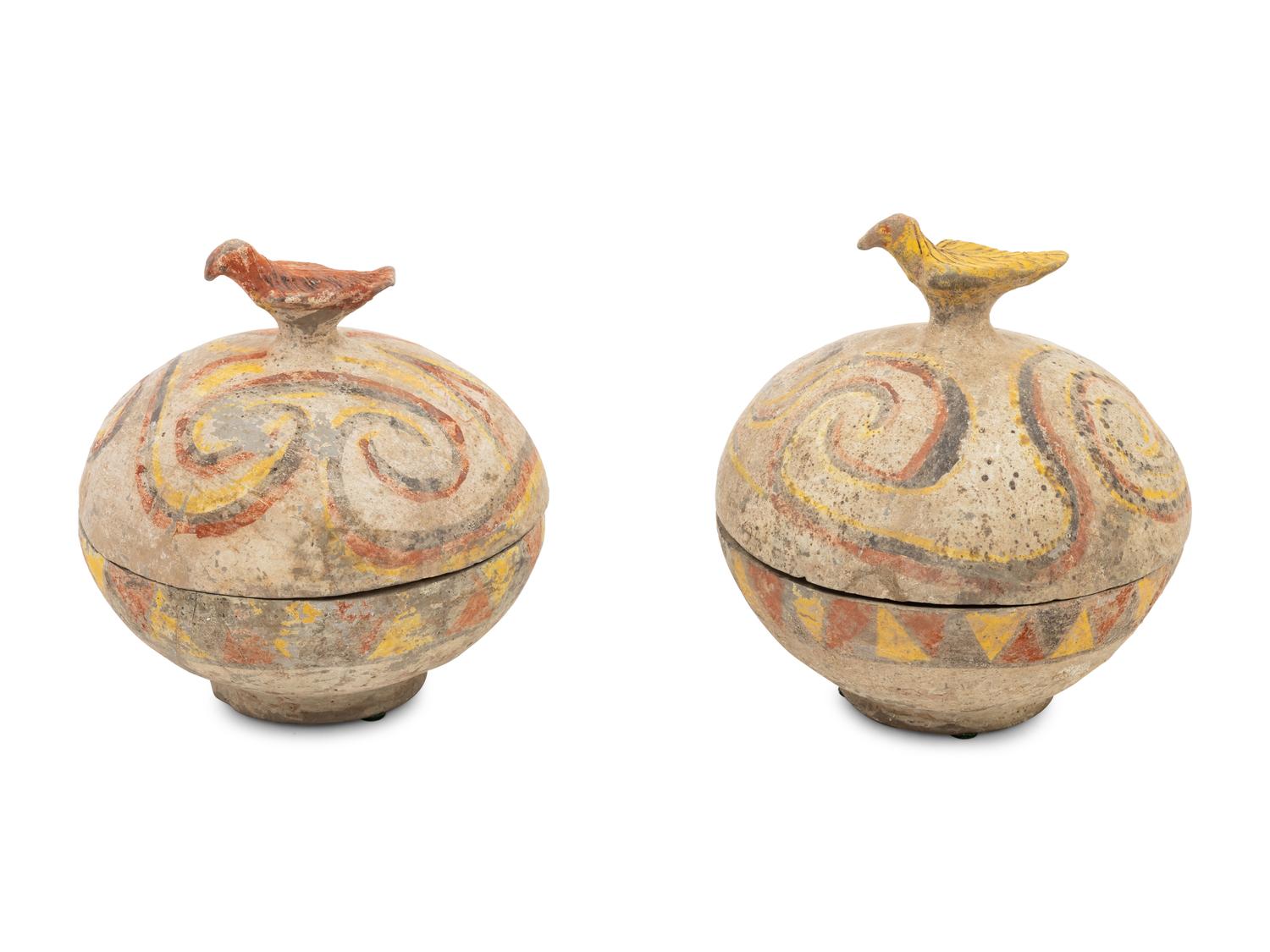 A Pair of Chinese Painted Pottery Round Boxes, together with Two Chinese Painted Pottery Vessels