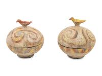 A Pair of Chinese Painted Pottery Round Boxes, together with Two Chinese Painted Pottery Vessels