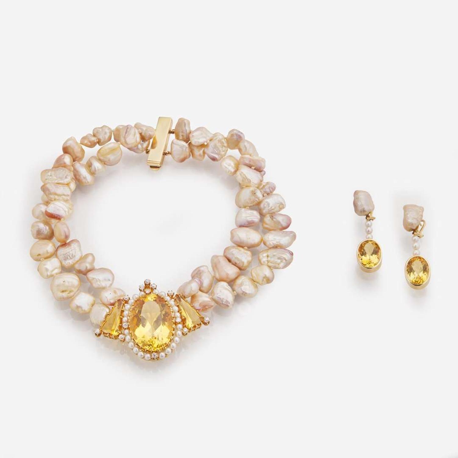 A Matching Set of Citrine, Pearl, and Diamond Jewelry