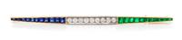 A Platinum Topped Yellow Gold, Diamond, Emerald and Sapphire Bar Brooch, 4.40 dwts.