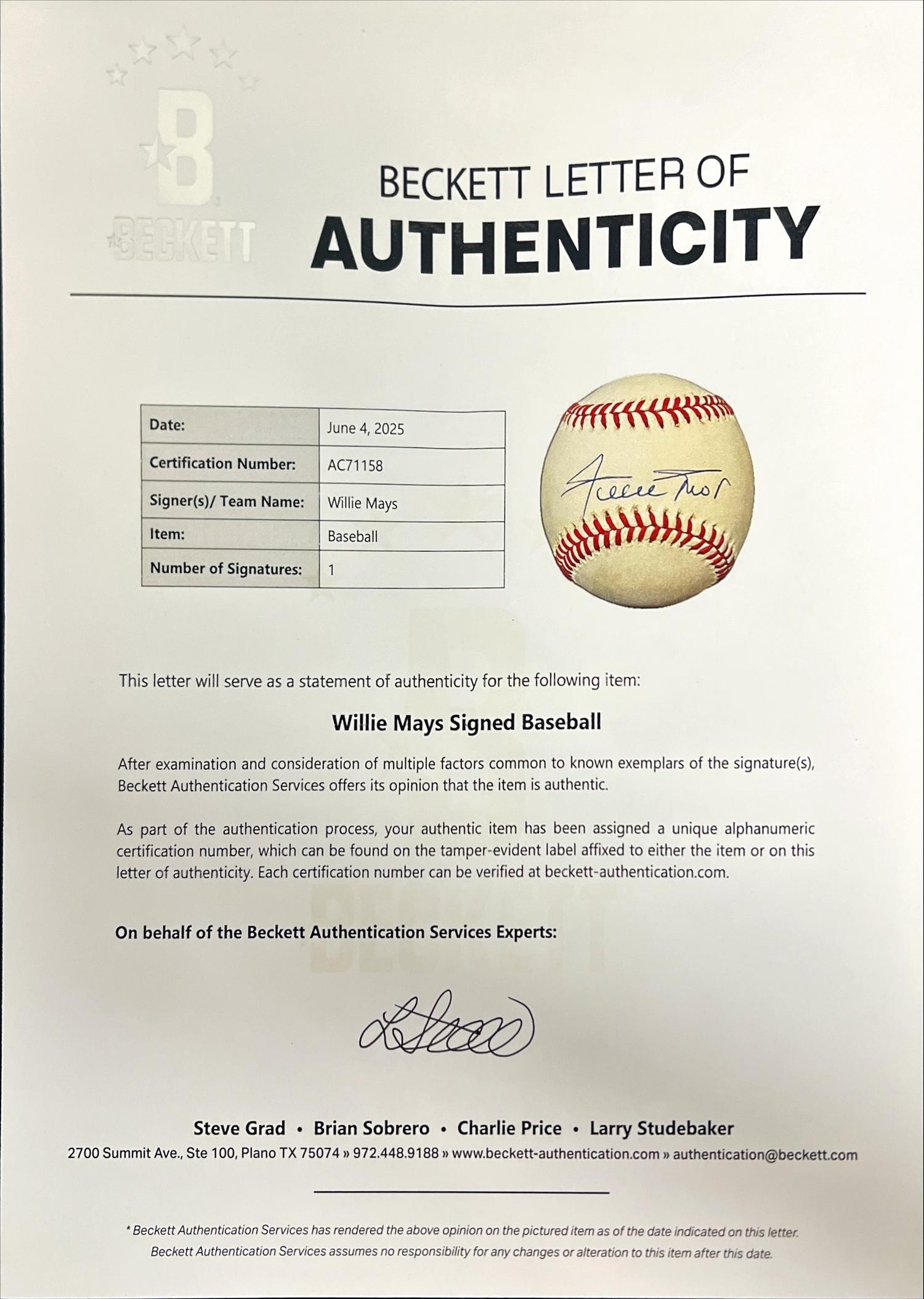 A Willie Mays Single Signed Autograph Baseball (Beckett Authentication Services)