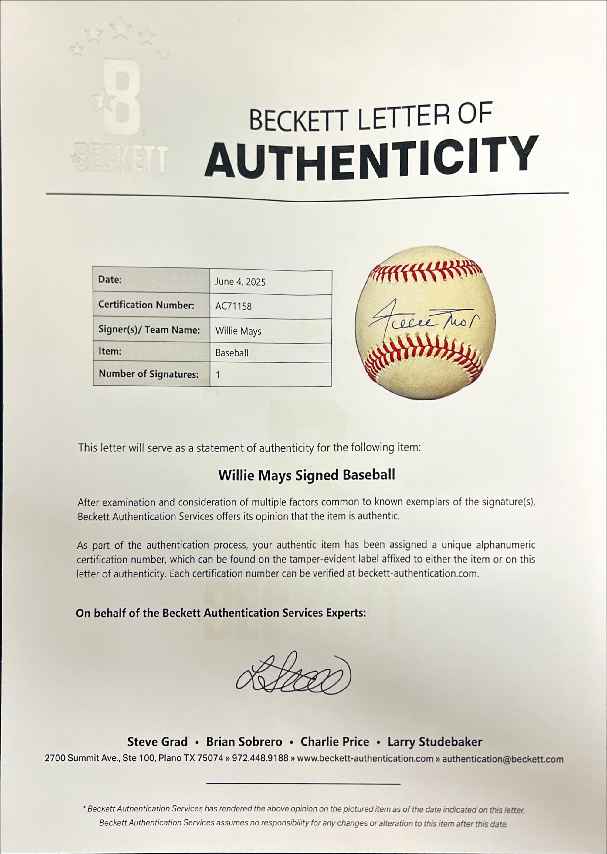 A Willie Mays Single Signed Autograph Baseball (Beckett Authentication Services)