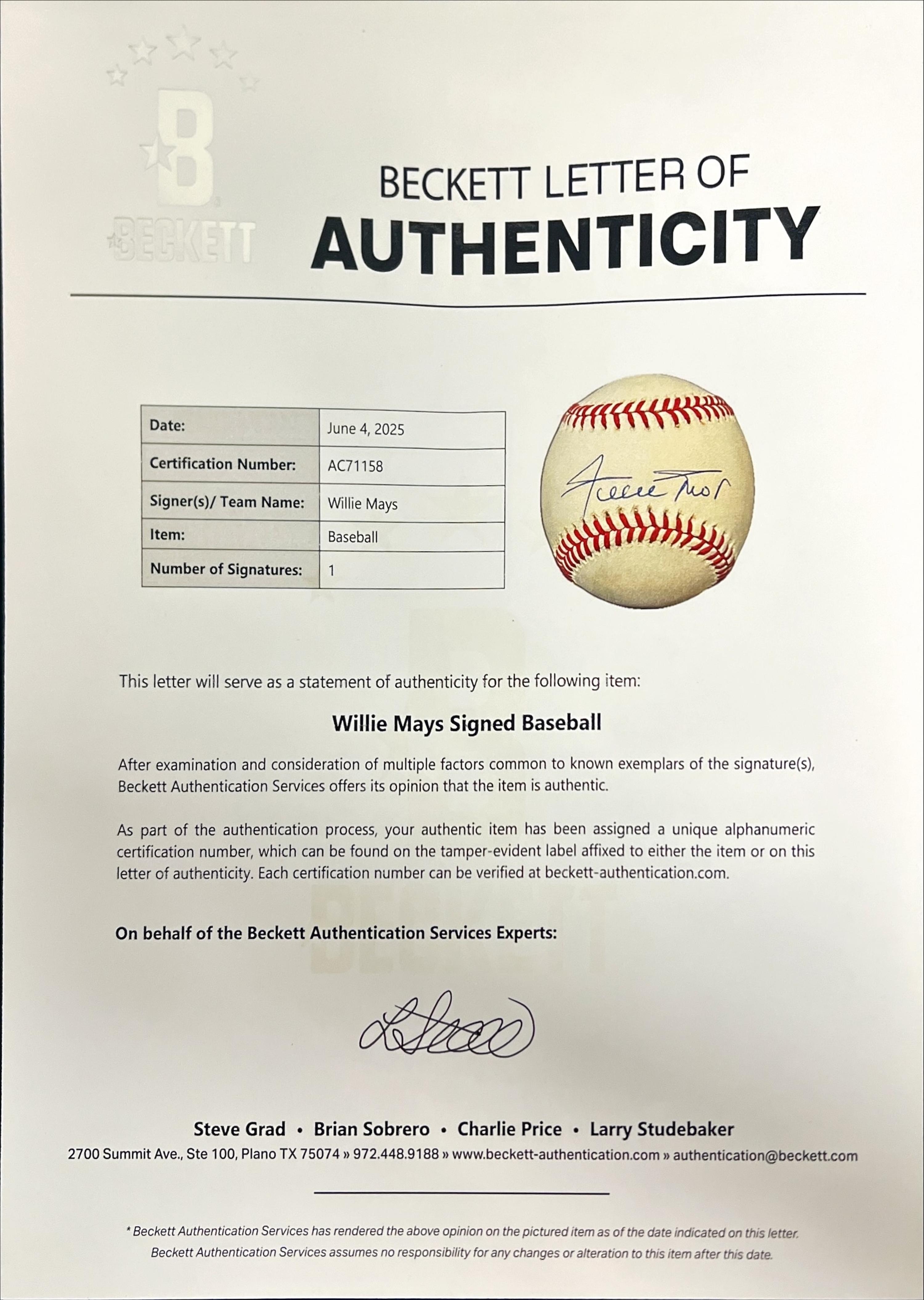 A Willie Mays Single Signed Autograph Baseball (Beckett Authentication Services)